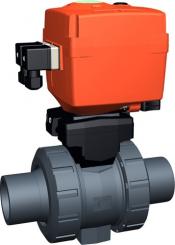 Kugelhahn Typ 127 PVC-U 100-230V Mit integrierter Handnotbetätigung Mit Klebestutzen metrisch 