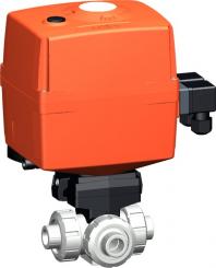 3-Weg Kugelhahn Typ 167 PVC-C Horinzontal/L-Bohrung 100-230V Mit integrierter Handnotbetätigung Mit 