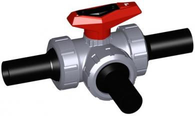 3-Weg Kugelhahn Typ 543 ABS Horizontal/L-Bohrung Mit Stumpfschweissstutzen lang PE100 SDR11 metrisch 
