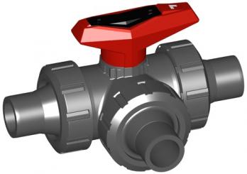 3-Weg Kugelhahn Typ 543 PVC-U Horizontal/L-Bohrung mit Klebestutzen metrisch 