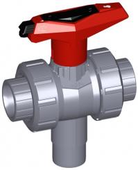 3-Weg Kugelhahn Typ 543 ABS Vertikal/L-Bohrung abschliessbar Mit Klebemuffen metrisch 