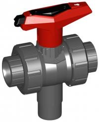 3-Weg Kugelhahn Typ 543 PVC-U Vertikal/L-Bohrung abschliessbar mit Klebemuffen metrisch 