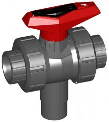 3-Weg Kugelhahn Typ543 PVC-U Vertikal/L-Bohrung mit Klebemuffen metrisch 