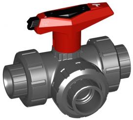 3-Weg Kugelhahn Typ 543 PVC-U Horizontal/T-Bohrung abschliessbar mit Klebemuffen metrisch 