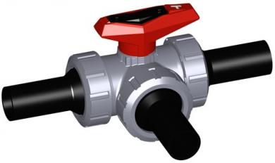3-Weg Kugelhahn Typ 543 ABS Horizontal/T-Bohrung Mit Stumpfschweissstutzen lang PE100 SDR11 metrisch 