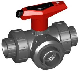 3-Weg Kugelhahn Typ 543 PVC-U Horizontal/L-Bohrung abschliessbar mit Klebemuffen metrisch 