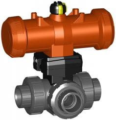 3-Weg Kugelhahn Typ 285 PVC-U Horinzontal/L-Bohrung FC (Federkraft schliessend) Ohne Handbetätigung 