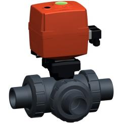 3-Weg Kugelhahn 167 PVC-U Horinzontal/L-Bohrung 100-230V Mit Handnotbetätigung Mit Klebestutzen 