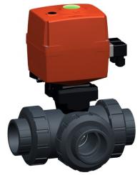 3-Weg Kugelhahn Typ 167 PVC-U Horizontal/T-Bohrung 100-230V Mit Handnotbetätigung Mit Klebemuffe 