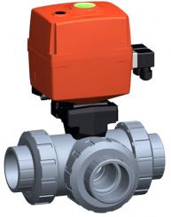 3-Weg Kugelhahn Typ 167 ABS Horinzontal/L-Bohrung 24V Mit integrierter Handnotbetätigung Mit Klebemu 